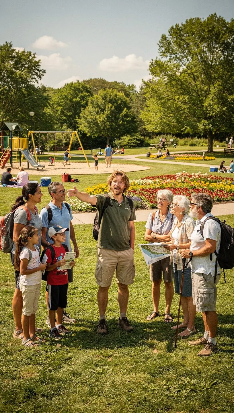 Przewodnik lokalny pokazujący turystom piękne widoki miasta.