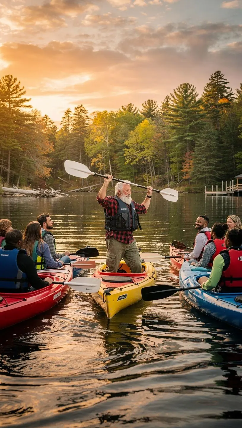 Przewodnik turystyczny w lokalnym parku, pokazujący atrakcje przyrody.